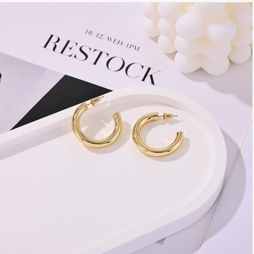 14K Gold Plated Lightweight Chunky Open Hoops | Trendy Gold Hoop Earrings